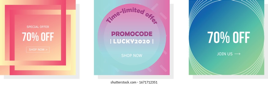 Set square banners with percent discount. Trendy design. Special offer vector illustration.