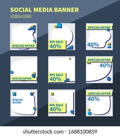 Set of square banners for social network post. Banners in geometric style for post, flyers, coupons, gift cards. Easy to edit. Vector template. 1080x1080