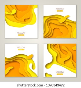 Set of square banners templates with yellow paper cut shapes. Bright summer modern abstract design. Vector Illustration.