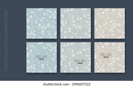 Conjunto de hermosos fondos cuadrados con ramas y hojas. Delicados colores pastel para decorar su diseño, sitio web, empaque o página web.