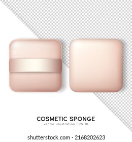 Set of square beige powder puffs isolated on white and transparent background. Realistic mockup of makeup sponges for compact powder, foundation cushion. Vector cosmetic items template