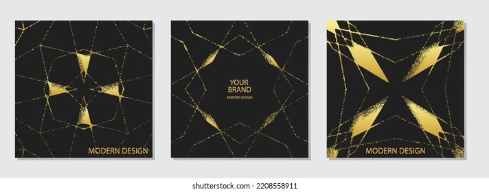 Set of square black backgrounds web banners with geometric gold pattern, grunge texture. Tribal ornamental ethnos of the East, Asia, India, Mexico, Aztecs, Peru.