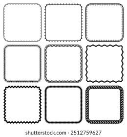 Set of square black frames with rounded corners isolated on white background. Modern geometric ornament. Collection of borders for decorating text, printing on paper, textiles. Vector illustration