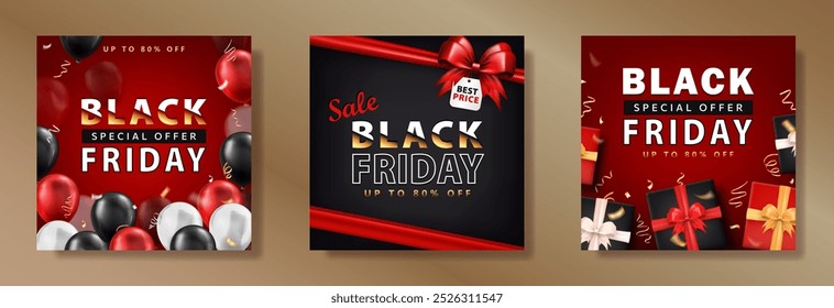 Set of square Black Friday SALE banners with 3d gift boxes, bow ribbon, price tags, glossy balloons and golden confetti. Black, red, white poster, card with discount advertisement for shopping event