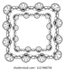 Set of square black and white frame with seashells with boho pattern. The object is separate from the background.  Vector template for greeting cards, invitation cards and your design
