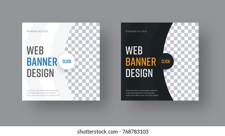 set of square black and white web banners with semi-circular elements and a place for a photo. Vector template with round button blue and orange text.
