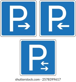 Set of square blue and white road signs indicating parking is allowed on the right side, on the left side, and on both sides of the road.