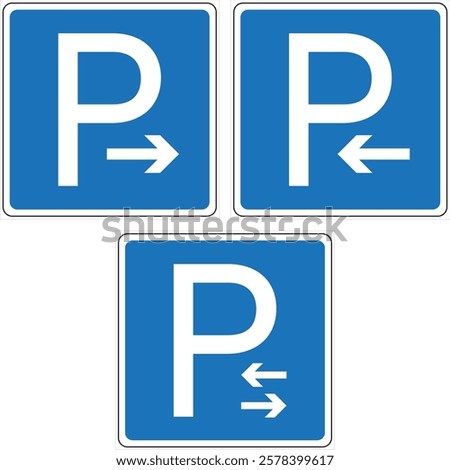Set of square blue and white road signs indicating parking is allowed on the right side, on the left side, and on both sides of the road.