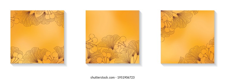 Set of square blurred orange frames with copy space for social media posts ginkgo leaves and berries line art