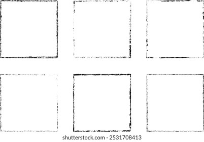 Set of square border frames with rough edges . Square frame template collection . distress texture . Grunge tiny frame borders isolated on the background . Rough edges effect . Squares pack. vector