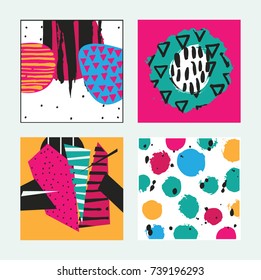 Set with square bright cards drawn in graphic style with hand drawn pattern, elements and stripes. Design good for print, invitations, booklet