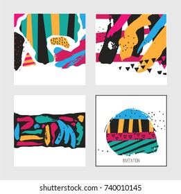 Set with square bright cards drawn in graphic style with hand drawn patterns, elements and stripes. Design good for print, invitations, booklets
