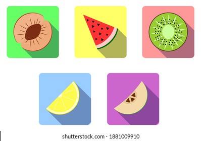 Set of square bright flat icons with summer fresh fruits. Simple icons for highlights in social networks. Illustrations for logo design, emblems, labels. For cocktail bar, restaurant menu, hotel