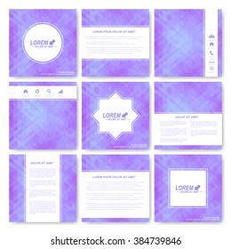 Set of square brochure template. Business, science, medicine and technology design. Purple background card. Cover layout  with triangles
