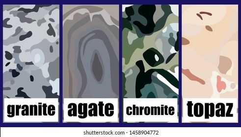 Set of square brochures with the image of the surface of the four minerals. Rectangle template brochure, report, catalog, magazine. Abstract background. Vector illustration.
