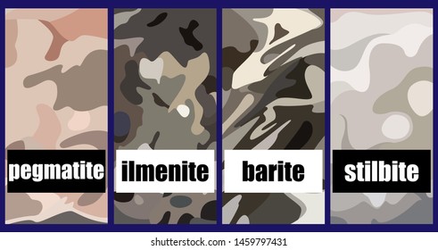 Set of square brochures with the image of the surface of the four minerals. Rectangle template brochure, report, catalog, magazine. Abstract background. Vector illustration.