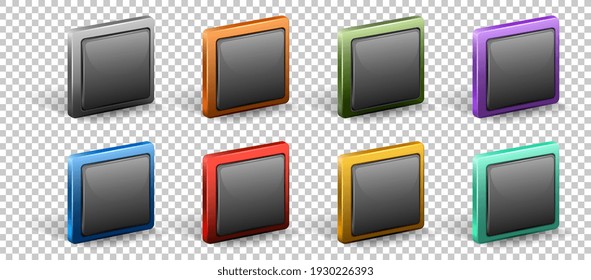 Set of square button with metal frame isolated on white background illustration
