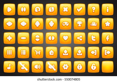 Set of square buttons in cartoon style. 2d asset for user interface GUI in mobile application or casual video game.