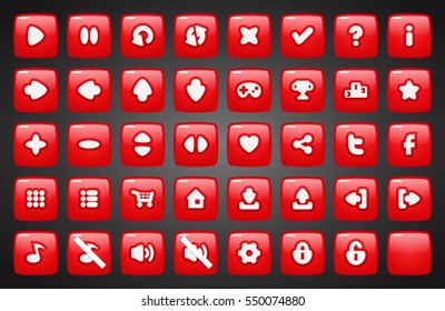 Set of square buttons in cartoon style. 2d asset for user interface GUI in mobile application or casual video game.