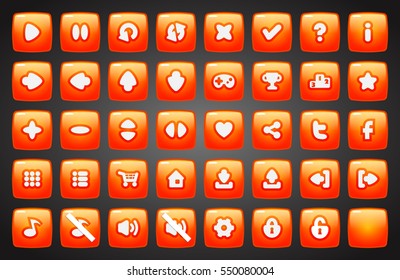 Set of square buttons in cartoon style. 2d asset for user interface GUI in mobile application or casual video game.