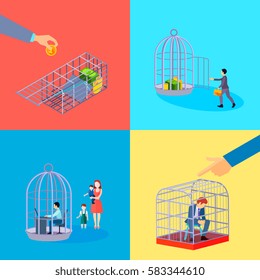 Set of square cage office business money conceptual compositions with financial worker character languish in detention vector illustration
