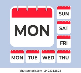 Set of square calendar page icons for days of the week. Simple and minimalistic week calendar images for keeping an organizer, diary, to-do list.