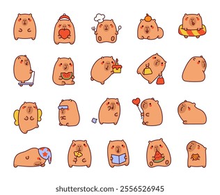 Set of square capybara cute kawaii cartoon characters with happy facial expressions, adorable actions, funny moments and adorable poses for unique and engaging designs