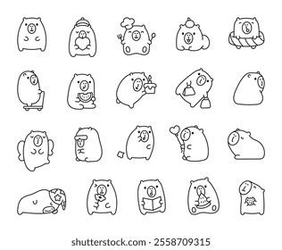 Set of square capybara cute kawaii cartoon characters with happy facial expressions, adorable actions, funny moments and adorable poses for unique and engaging designs