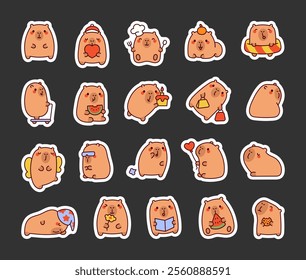 Set of square capybara cute kawaii cartoon characters with happy facial expressions, adorable actions, funny moments and adorable poses for unique and engaging designs