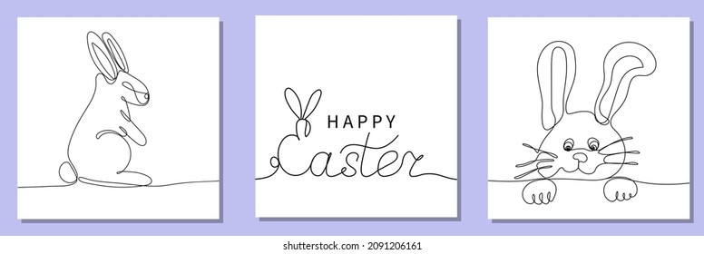 Set of square card  with continuous line drawing of easter rabbit. Happy easter. Line art vector minimalist hand drawn illustration
