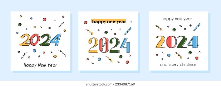 Set of square card Happy New year 2024 and Merry Christmas. Social media post template for celebration and holiday event in retro style. Banner with abstract geometric pattern. Vector illustration.