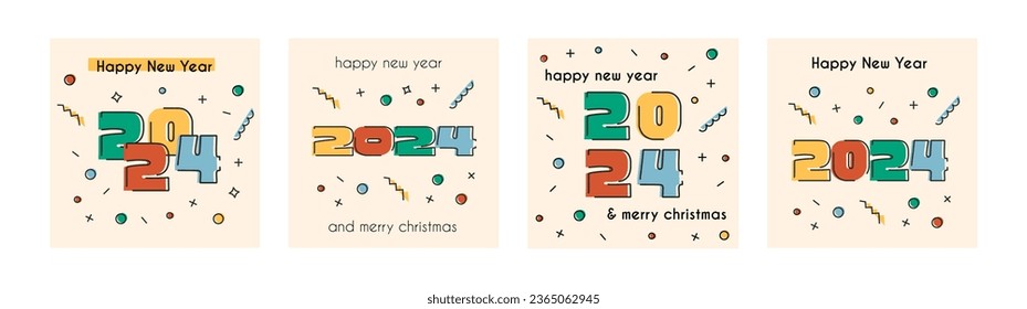 Set of square card Happy New year 2024 and Merry Christmas. Social media post template for celebration and holiday event in retro style. Banner with abstract geometric pattern. Vector illustration.