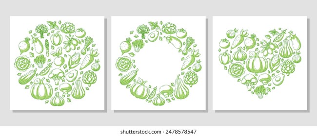 Set of square card heart and round shape form with farm fresh vegetables and greens. Veggies vector green line icons, isolated background. Organic, natural products. For poster, menu, social media