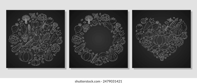 Set of square card heart and round shape form with farm fresh vegetables and greens. Veggies vector white line icons, isolated dark background. Organic products. For poster, menu, social media
