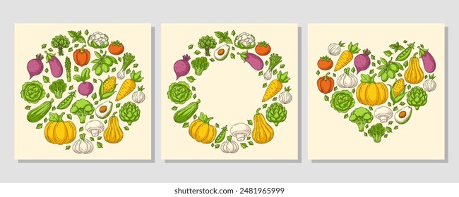 Set of square card heart and round shape form with farm fresh vegetables and greens. Veggies vector green colorful icons, isolated background. Organic, natural products. For poster, menu, social media