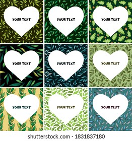 Set of square card with summer foliate twigs and heart-shaped frames in the center. Template for interior design, greetings cards, invitations.