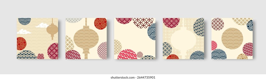 Set of square cards with 2026 chinese new year. Chinese lanterns with patterns in modern style, geometric decorative ornaments for background.