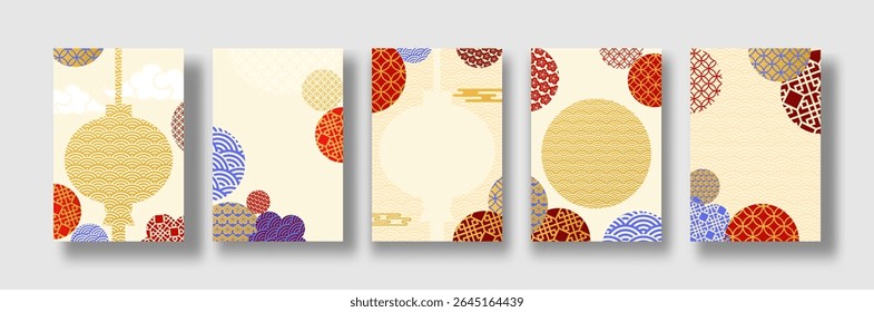 Set of square cards with 2026 chinese new year. Chinese lanterns with patterns in modern style, geometric decorative ornaments for background.