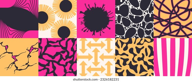 Set of square cards with abstract and surreal elements and patterns. Decoration design elements. Vector graphics