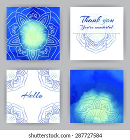 Set of square cards with blue lotus. Vector template with watercolor elements for your design. Hello. Thank you.