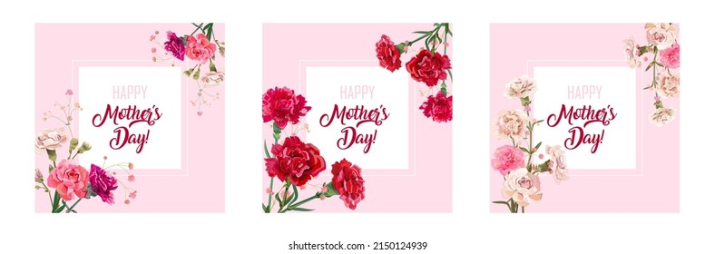 Set of square cards with carnation: red, white, pink flowers, gypsophile twigs on rectangular background. Templates for Mother's Day, Victory Day. Realistic illustration in watercolor style, vector