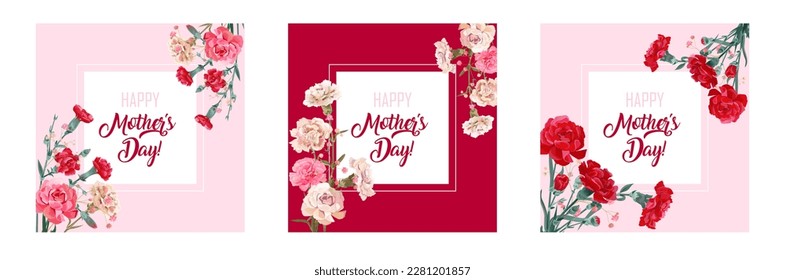 Set of square cards with carnation: red, white, pink flowers, gypsophile twigs on rectangular background. Templates for Mother's Day, Victory Day. Realistic illustration in watercolor style, vector