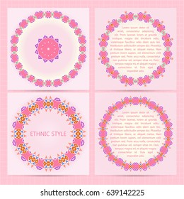 Set of square cards set with colorful ethnic frames, patterns, mandala, for restaurant menu, flyer, greeting card, brochure, cover, etc. Vector illustration