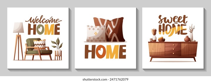 Set of square cards with cozy armchair, pillows, tv stand, interior decor. Handwritten lettering. Vector illustration for postcard, poster, card.