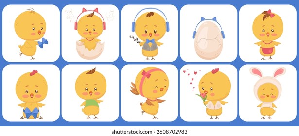 Set of square cards with cute chickens. Different vector Easter characters. Different gender, age, clothes, accessories. Yellow hens and roosters for children's designs
