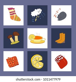 Set of square cards with different elements. Hand drawn socks, mushrooms, lemon, blanket, cat etc. Good design for T-shirts, cards, posters, etc.