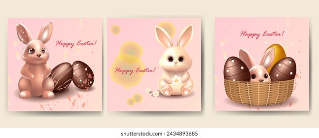 Un conjunto de tarjetas cuadradas con saludos en Pascua. Conejos, huevos y flores sobre un fondo delicado