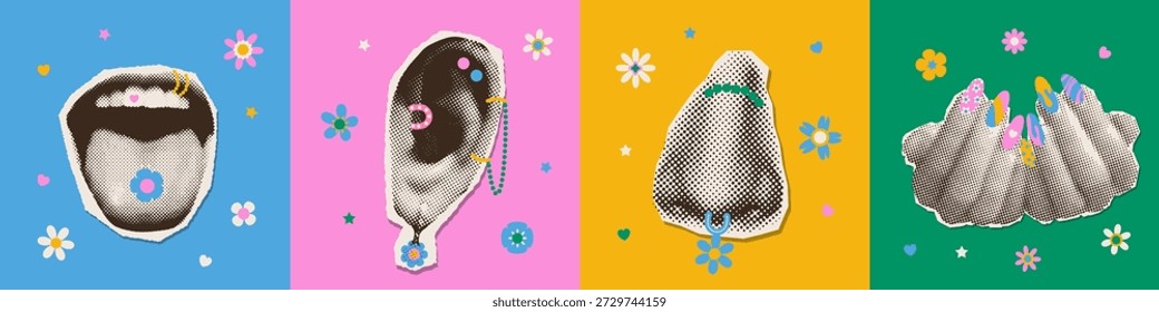 Set aus quadratischen Karten mit Halftoncollagenaufklebern aus Lippen, Ohren und Händen mit lebendigem, stückigem Plastikschmuck. Spielerischer Y2K-Maximalismus mit hellen Piercings, Acrylringen und funky Prints. Vektorgrafik