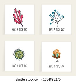Set of square cards. Hand drawn creative abstract flowers. Floral design. Colorful artistic backgrounds with blossom. Spring. It can be used for invitation, message, postcard, cover. Vector, eps10