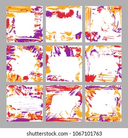 Set of square cards with hand drawn texture. Painted elements by a marker. Design for greeting card, book, notebook, cover, flyer. Vector illustration.